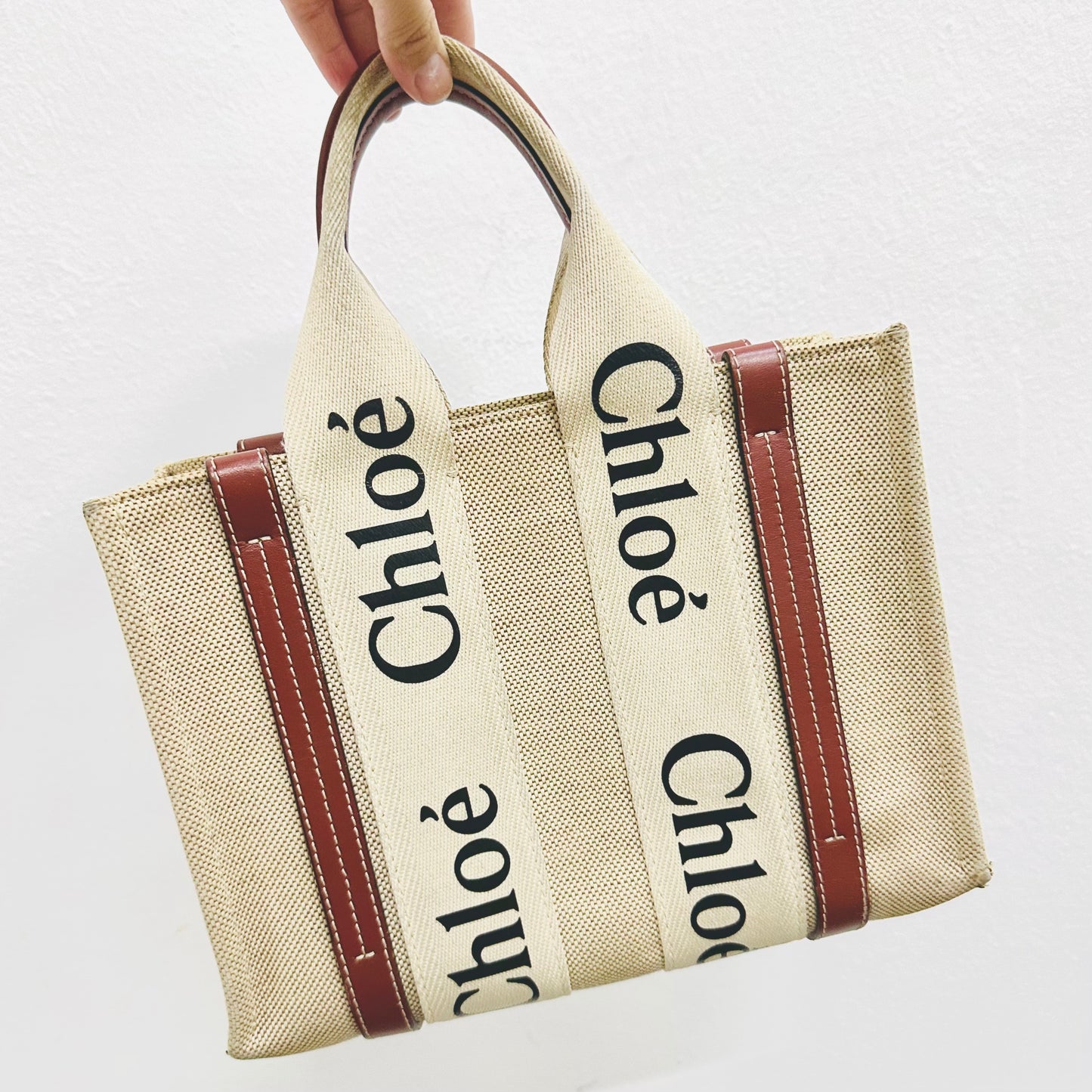 Chloe Small Woody Beige / Tan Brown Monogram Logo Shopper Tote Bag