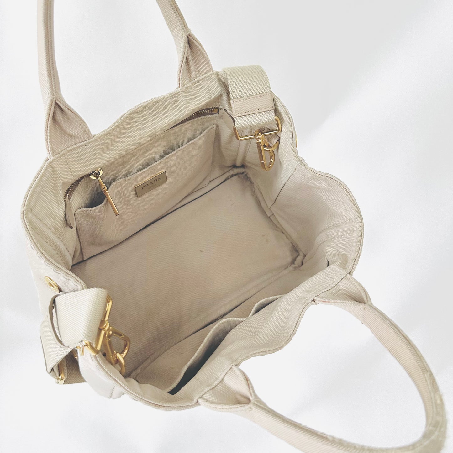 Prada Beige Taupe GHW Canapa Classic Logo 2-Way Structured Shopper Shoulder Sling Tote Bag