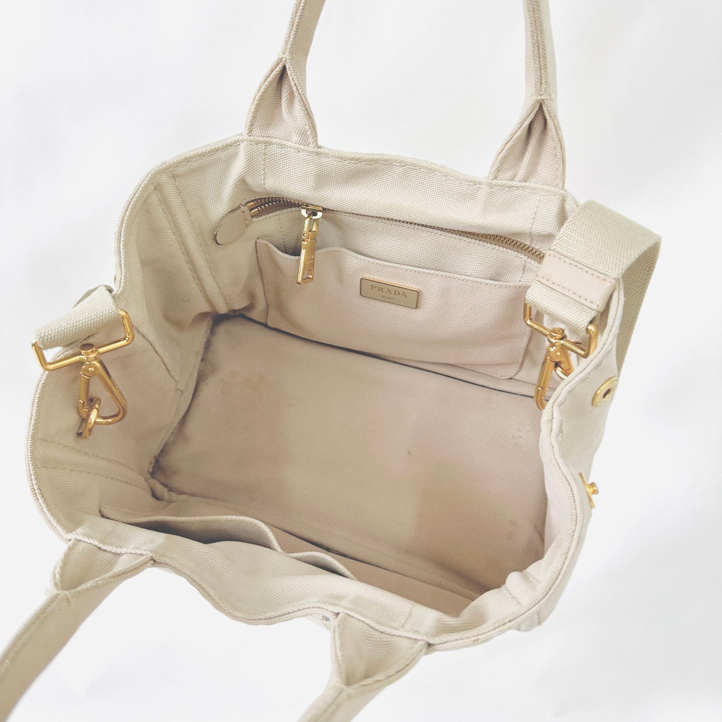 Prada Beige Taupe GHW Canapa Classic Logo 2-Way Structured Shopper Shoulder Sling Tote Bag