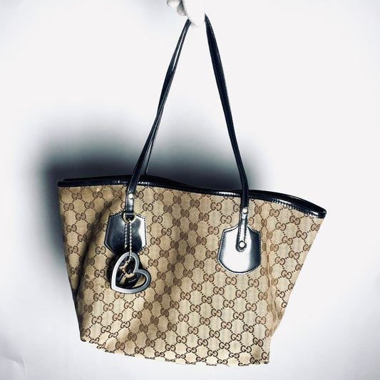 Gucci Beige / Black GG Monogram Logo Sherry Charms Shopper Shoulder Tote Bag