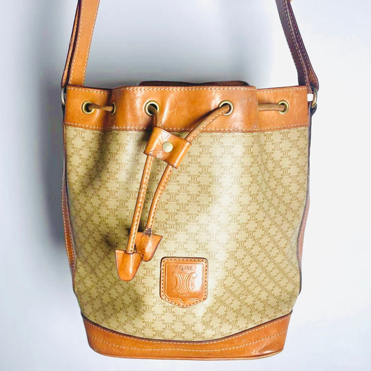 Celine Beige Triomphe Macadam Monogram Logo Vintage Drawstring Bucket Shoulder Sling Bag