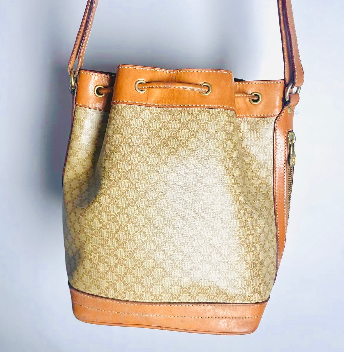 Celine Beige Triomphe Macadam Monogram Logo Vintage Drawstring Bucket Shoulder Sling Bag