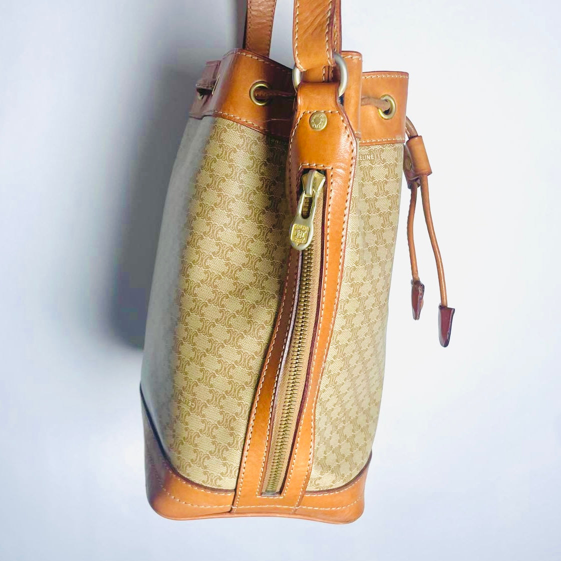 Celine Beige Triomphe Macadam Monogram Logo Vintage Drawstring Bucket Shoulder Sling Bag