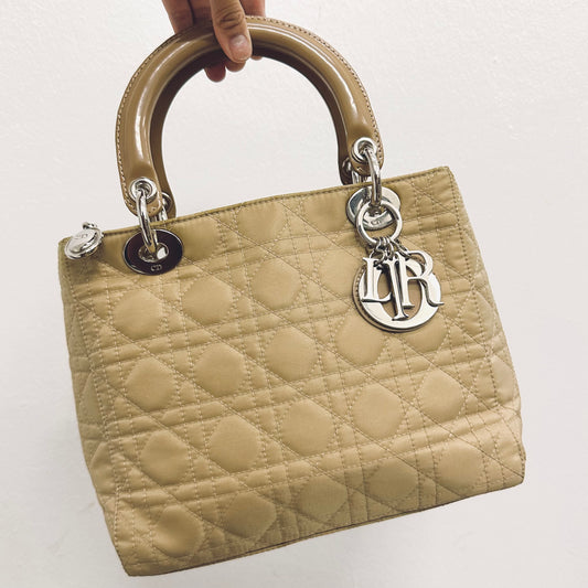 Christian Dior CD Lady Dior Taupe Beige Cannage Quilted Nylon Medium Top Handle Bag