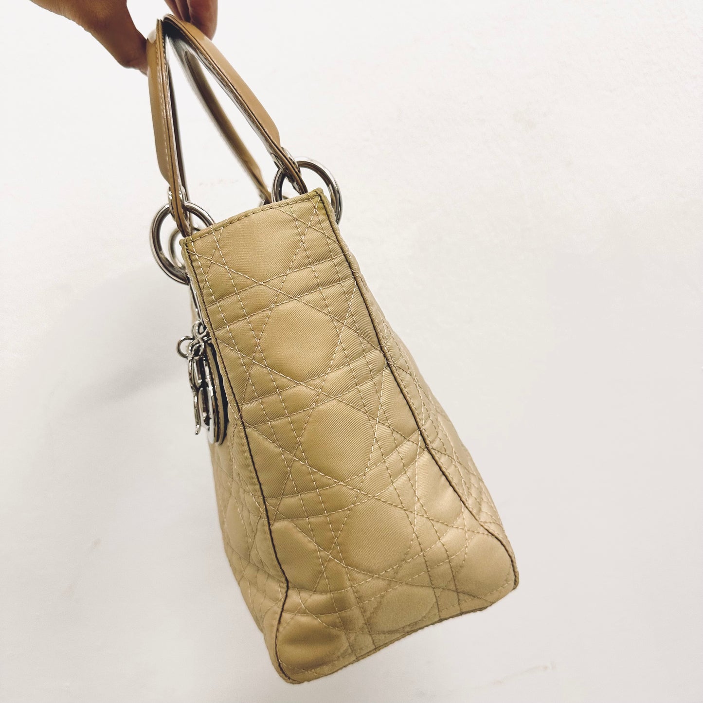 Christian Dior CD Lady Dior Taupe Beige Cannage Quilted Nylon Medium Top Handle Bag