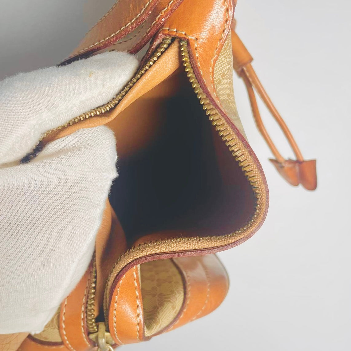 Celine Beige Triomphe Macadam Monogram Logo Vintage Drawstring Bucket Shoulder Sling Bag