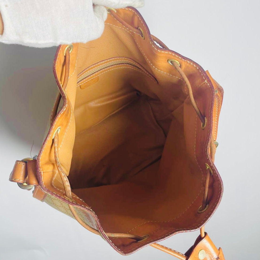 Celine Beige Triomphe Macadam Monogram Logo Vintage Drawstring Bucket Shoulder Sling Bag