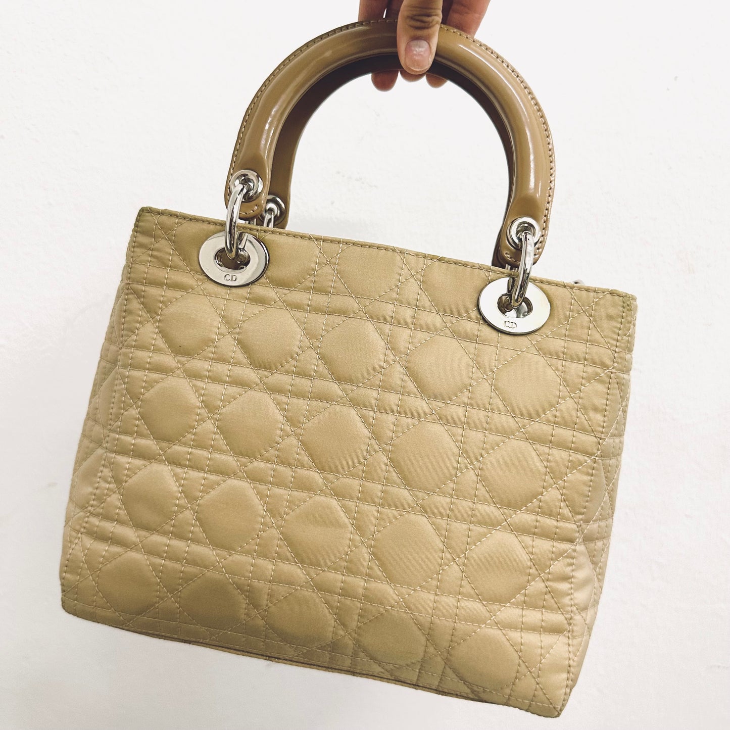 Christian Dior CD Lady Dior Taupe Beige Cannage Quilted Nylon Medium Top Handle Bag