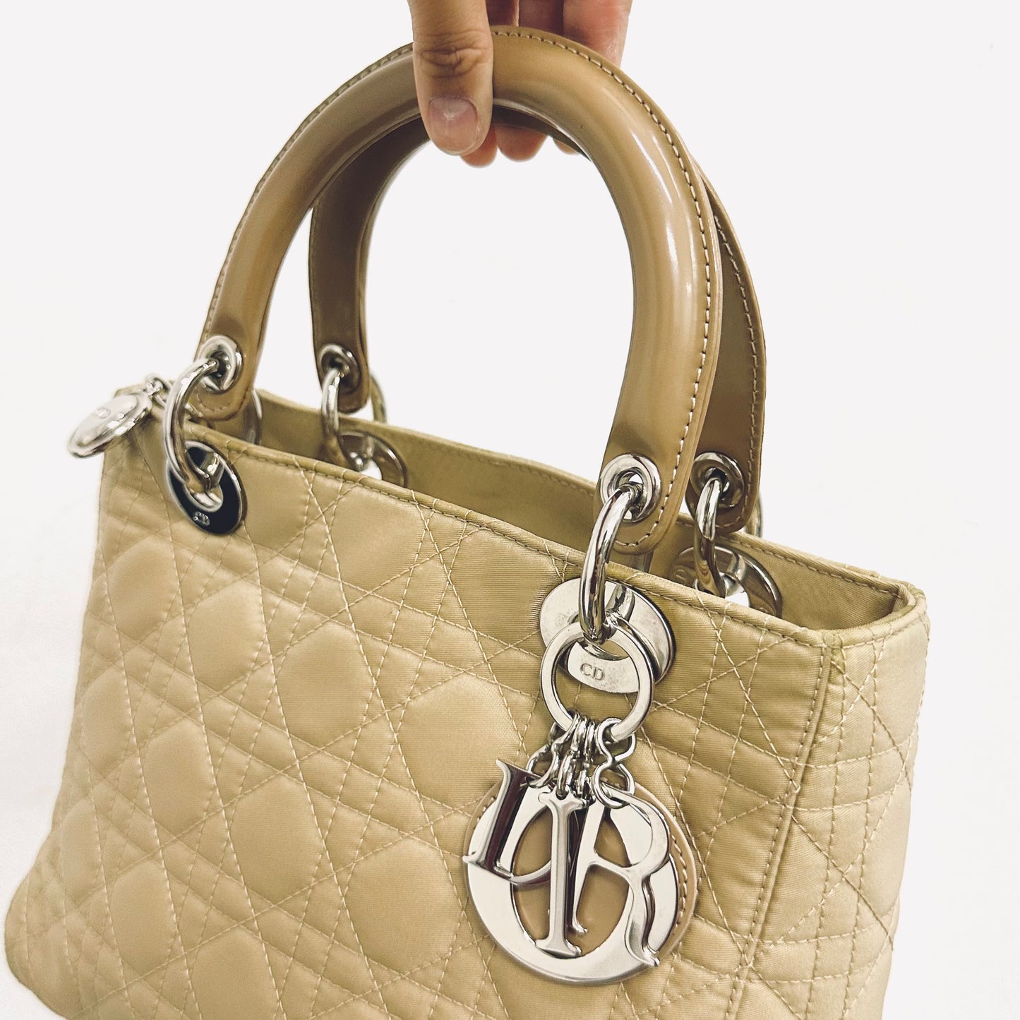 Christian Dior CD Lady Dior Taupe Beige Cannage Quilted Nylon Medium Top Handle Bag