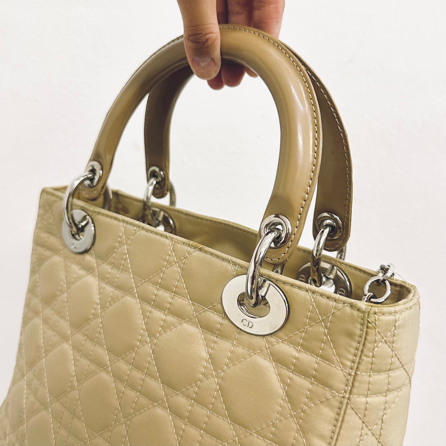 Christian Dior CD Lady Dior Taupe Beige Cannage Quilted Nylon Medium Top Handle Bag