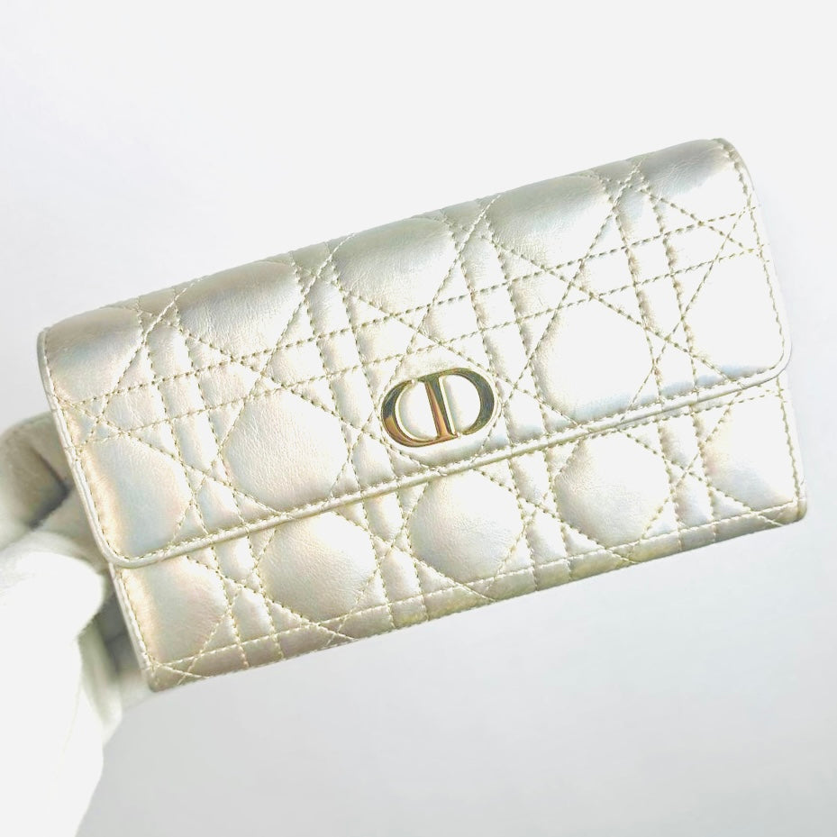 Christian Dior CD Caro 30 Montaigne Iridescent GHW Silver Quilted Cannage Supple Calfskin Monogram Logo Flap Long Wallet