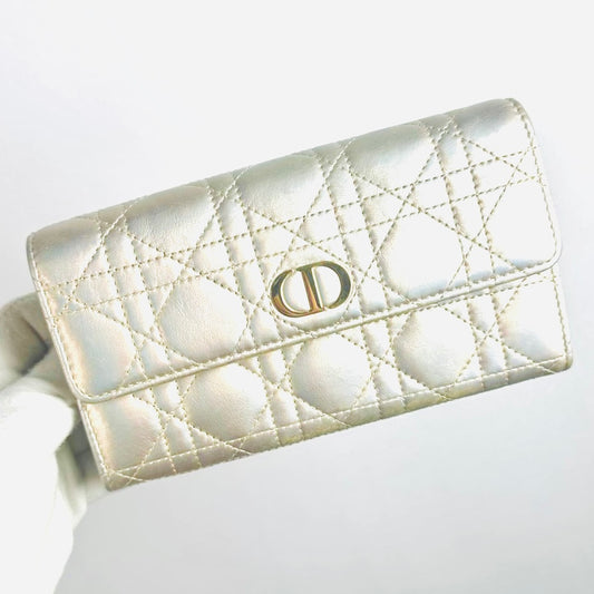 Christian Dior CD Caro 30 Montaigne Iridescent GHW Silver Quilted Cannage Supple Calfskin Monogram Logo Flap Long Wallet