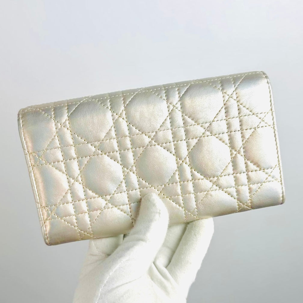 Christian Dior CD Caro 30 Montaigne Iridescent GHW Silver Quilted Cannage Supple Calfskin Monogram Logo Flap Long Wallet