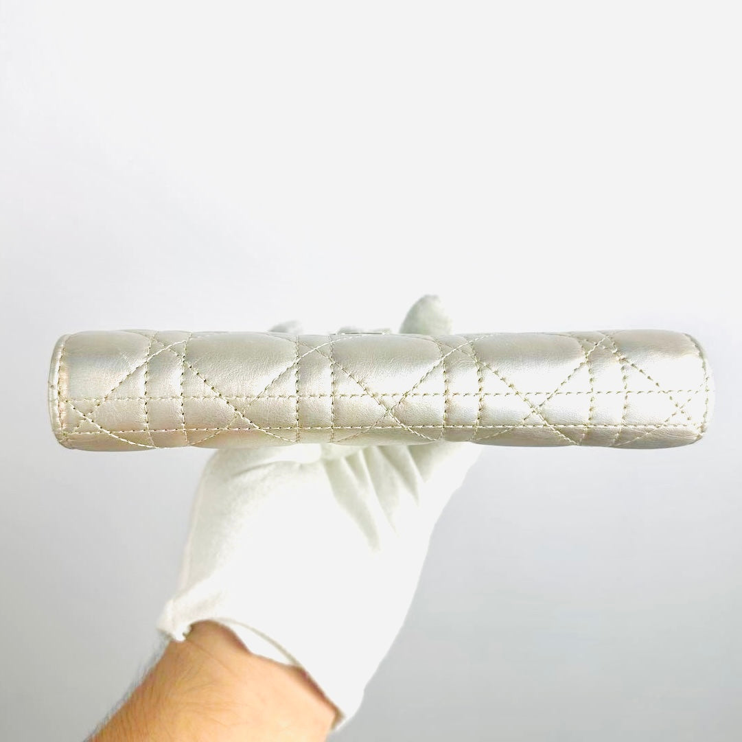 Christian Dior CD Caro 30 Montaigne Iridescent GHW Silver Quilted Cannage Supple Calfskin Monogram Logo Flap Long Wallet