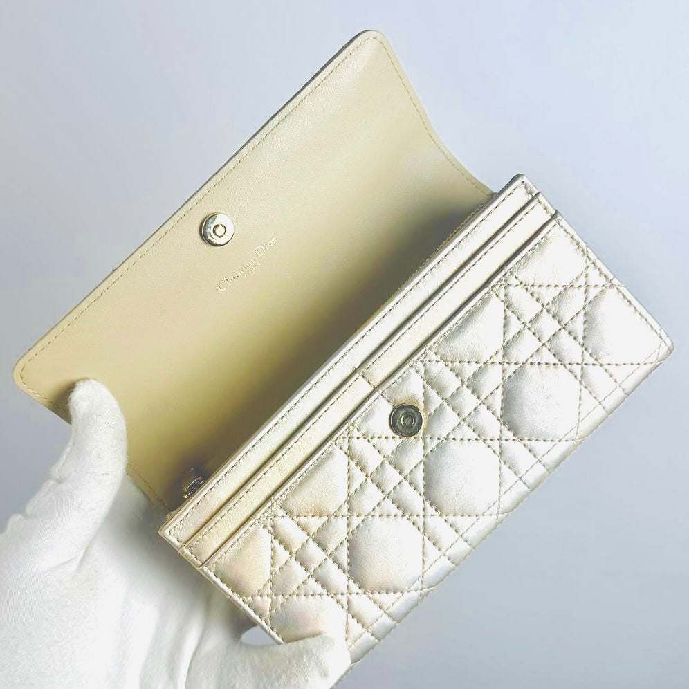 Christian Dior CD Caro 30 Montaigne Iridescent GHW Silver Quilted Cannage Supple Calfskin Monogram Logo Flap Long Wallet