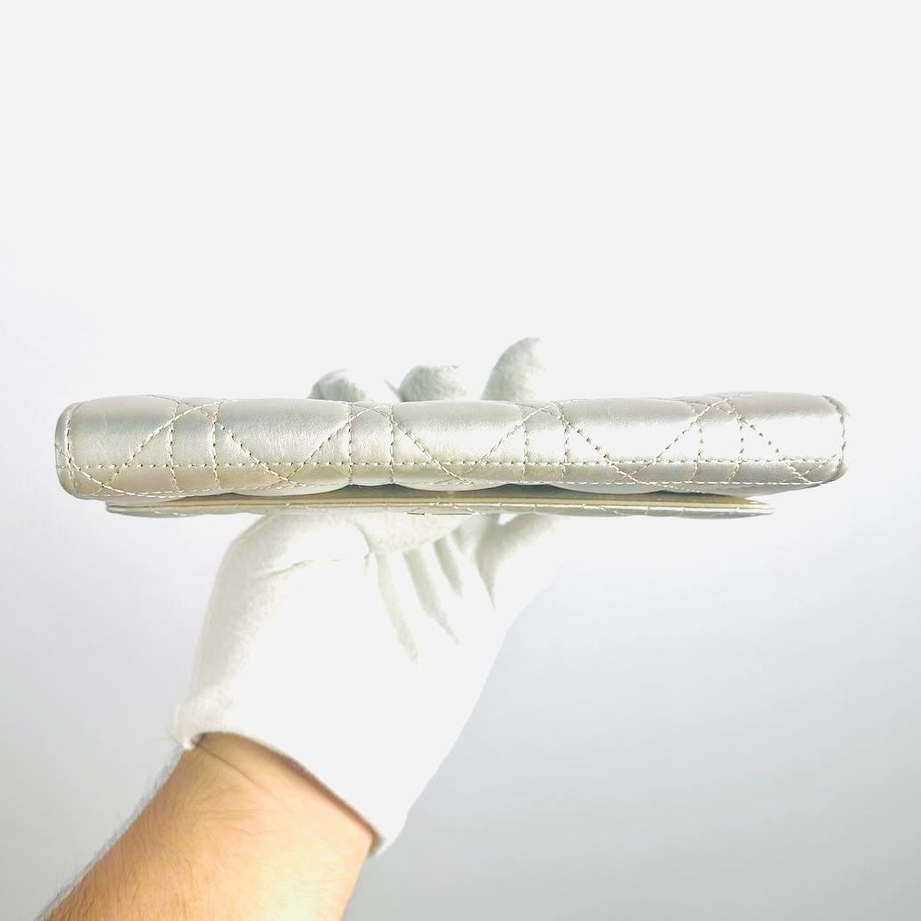 Christian Dior CD Caro 30 Montaigne Iridescent GHW Silver Quilted Cannage Supple Calfskin Monogram Logo Flap Long Wallet