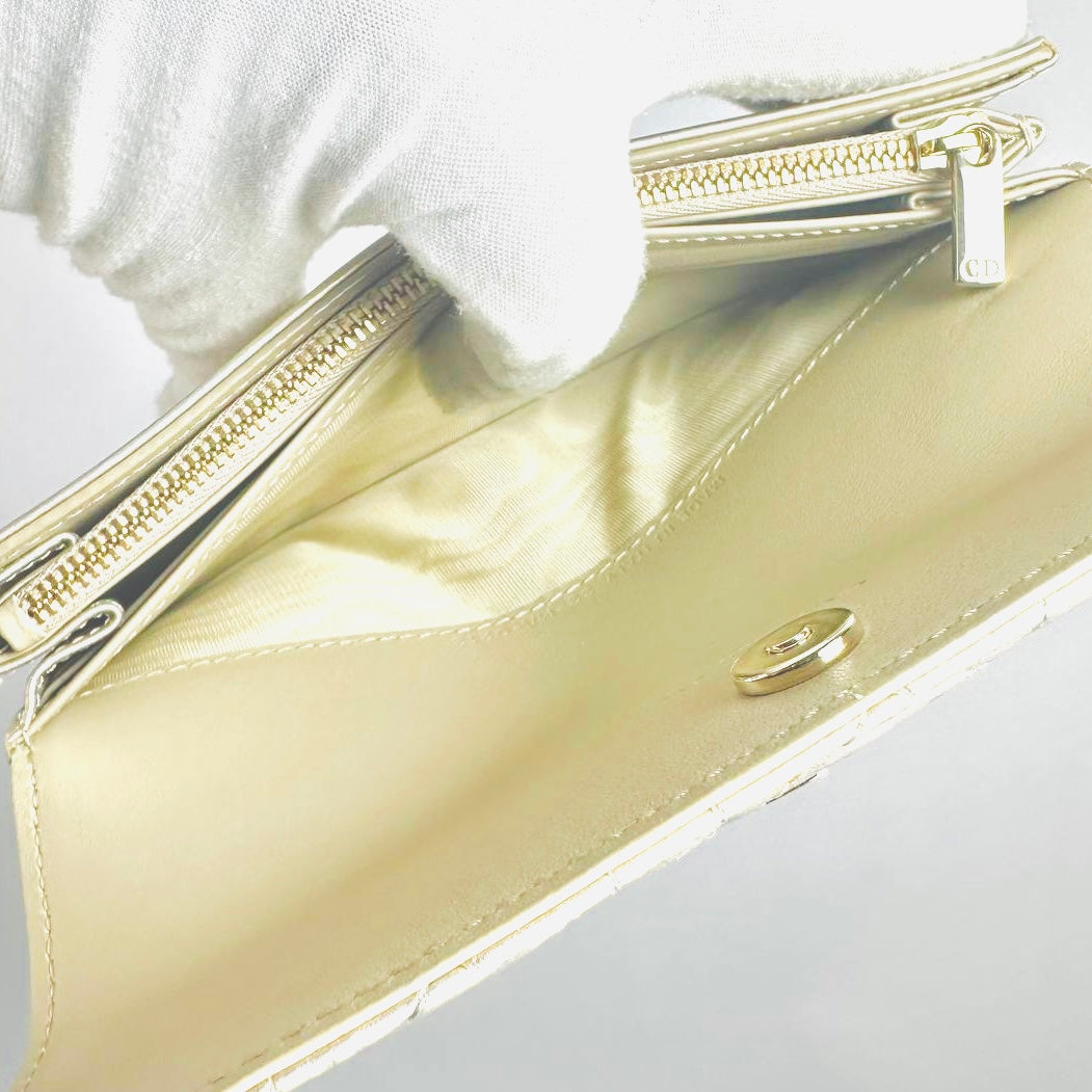 Christian Dior CD Caro 30 Montaigne Iridescent GHW Silver Quilted Cannage Supple Calfskin Monogram Logo Flap Long Wallet