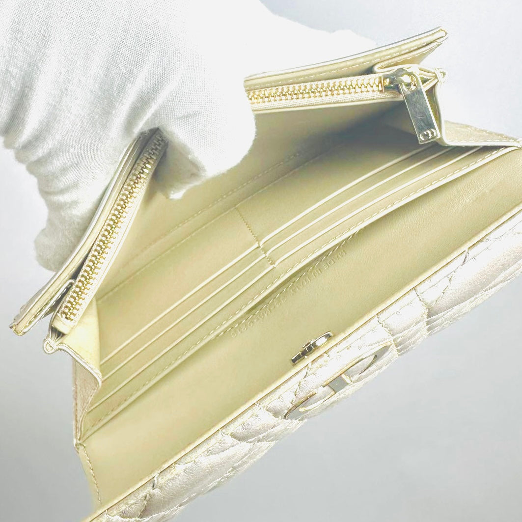 Christian Dior CD Caro 30 Montaigne Iridescent GHW Silver Quilted Cannage Supple Calfskin Monogram Logo Flap Long Wallet