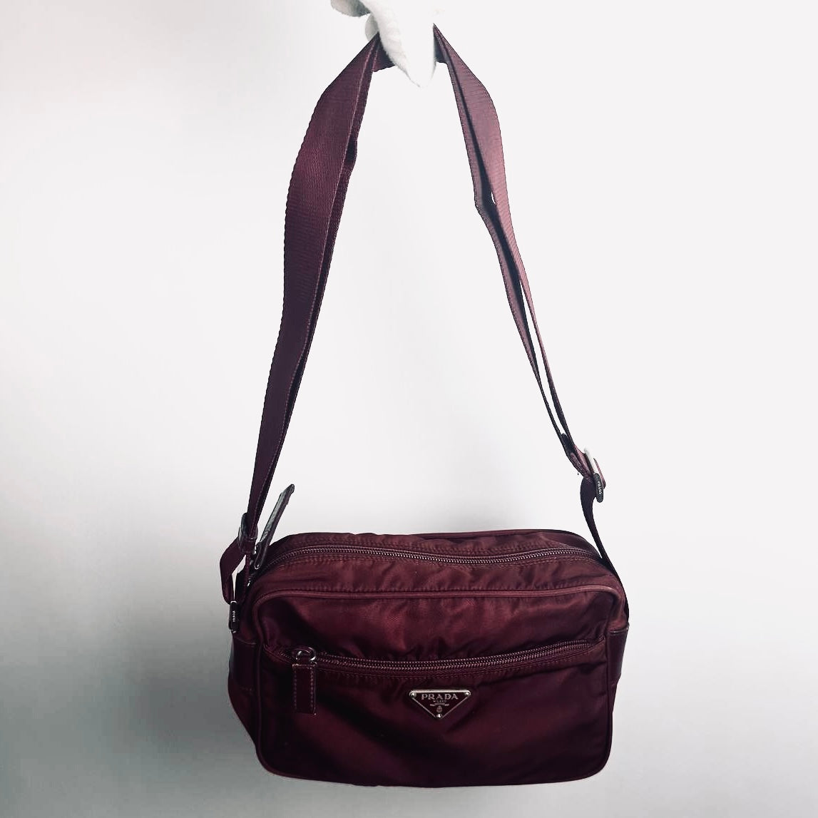 Prada Maroon Burgundy Red Tessuto Monogram Logo Nylon & Leather Camera Shoulder Sling Bag