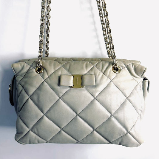 Salvatore Ferragamo Grey / Gray GHW Vara Bow Quilted Leather Shoulder Sling Chain Bag