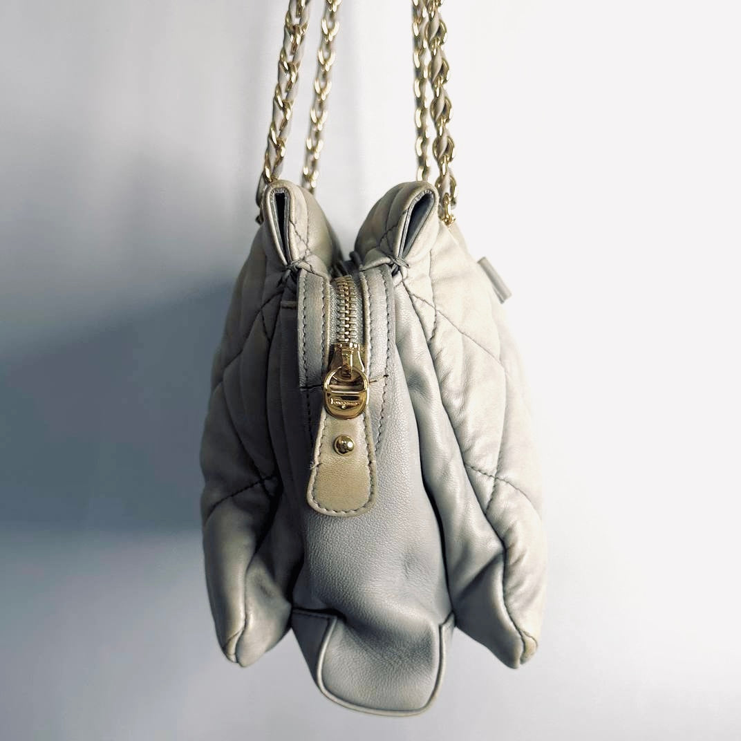 Salvatore Ferragamo Grey / Gray GHW Vara Bow Quilted Leather Shoulder Sling Chain Bag