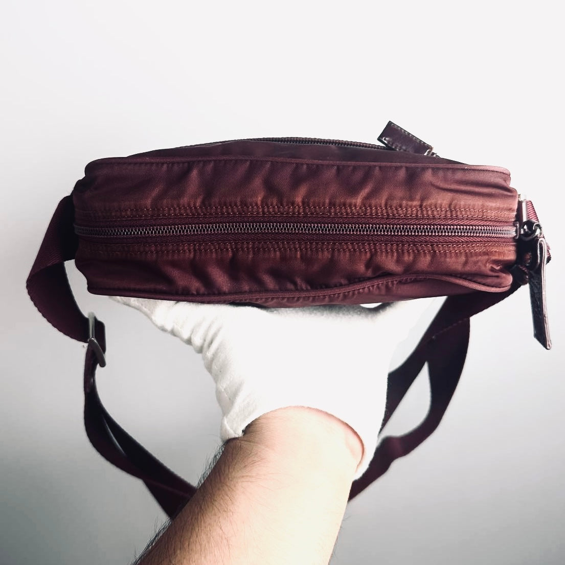 Prada Maroon Burgundy Red Tessuto Monogram Logo Nylon & Leather Camera Shoulder Sling Bag