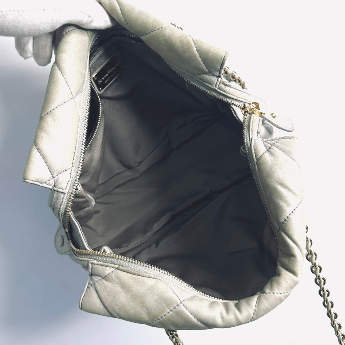 Salvatore Ferragamo Grey / Gray GHW Vara Bow Quilted Leather Shoulder Sling Chain Bag