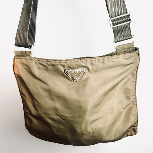 Prada Khaki Beige Monogram Logo Tessuto Nylon & Leather Shoulder Sling Bag