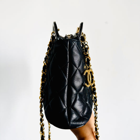 Chanel Giant CC Logo Black GHW Quilted Lambskin / Patent Chain Shoulder Sling Bag 1s