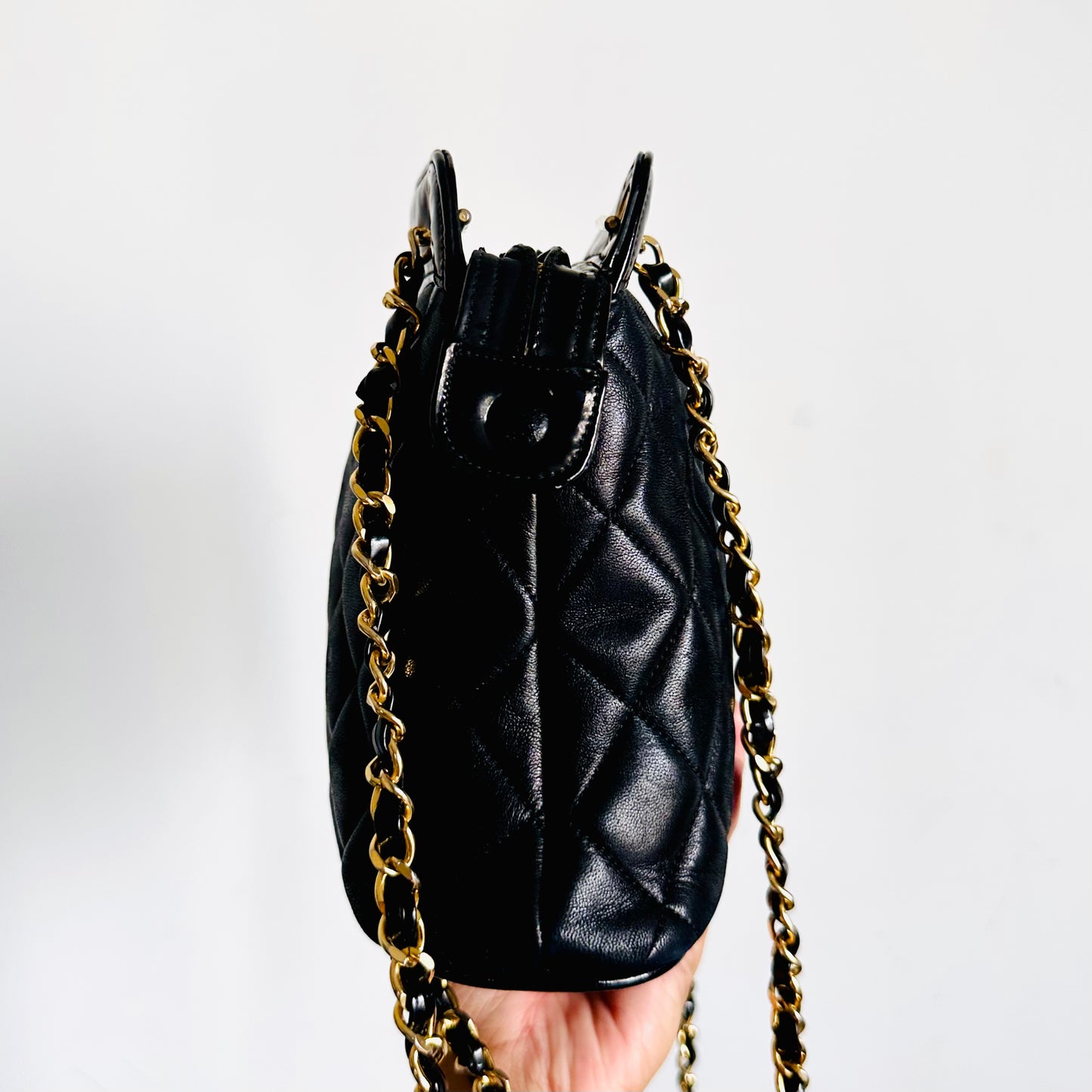 Chanel Giant CC Logo Black GHW Quilted Lambskin / Patent Chain Shoulder Sling Bag 1s