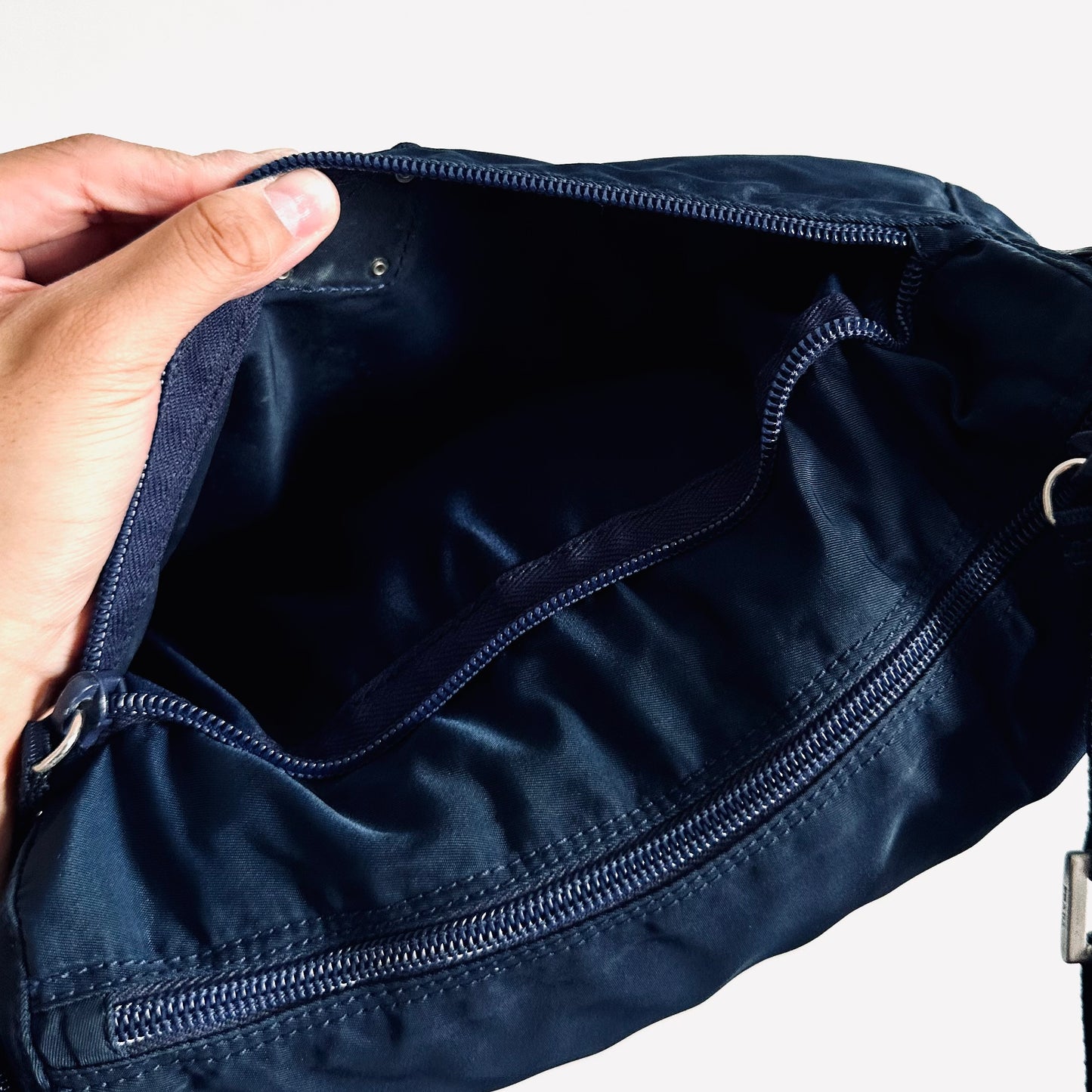 Prada Navy Blue Tessuto Logo Classic Nylon & Leather Shoulder Sling Bag