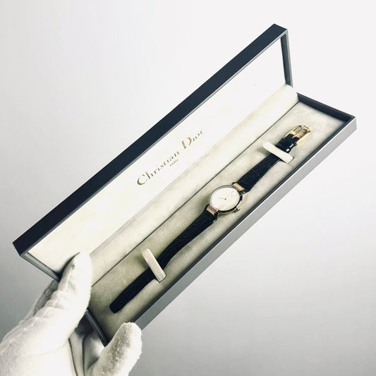 Christian Dior CD Bagira Monogram Logo White Round Dial Black Leather Strap GHW 26MM Quartz Watch