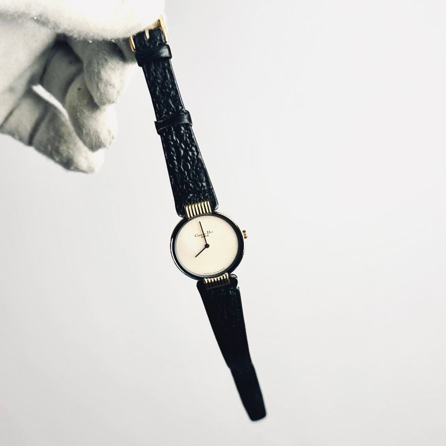 Christian Dior CD Bagira Monogram Logo White Round Dial Black Leather Strap GHW 26MM Quartz Watch