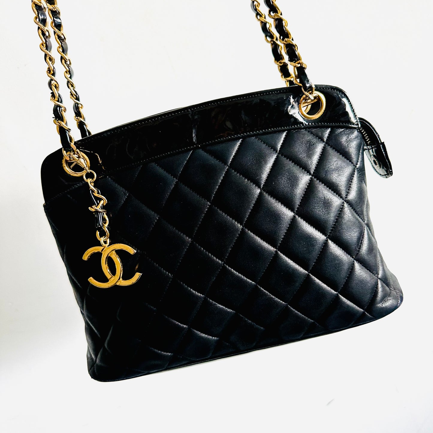 Chanel Giant CC Logo Black GHW Quilted Lambskin / Patent Chain Shoulder Sling Bag 1s