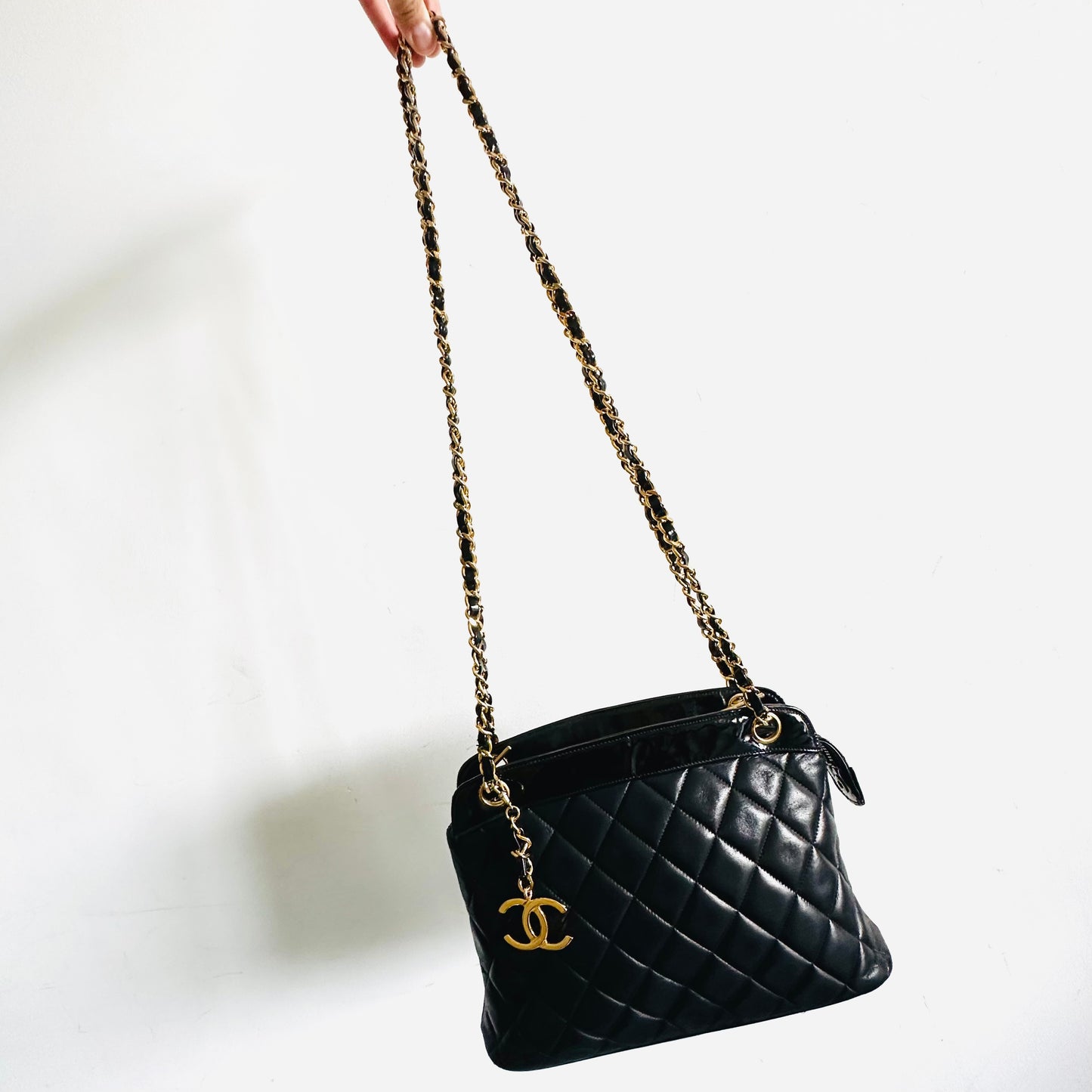 Chanel Giant CC Logo Black GHW Quilted Lambskin / Patent Chain Shoulder Sling Bag 1s