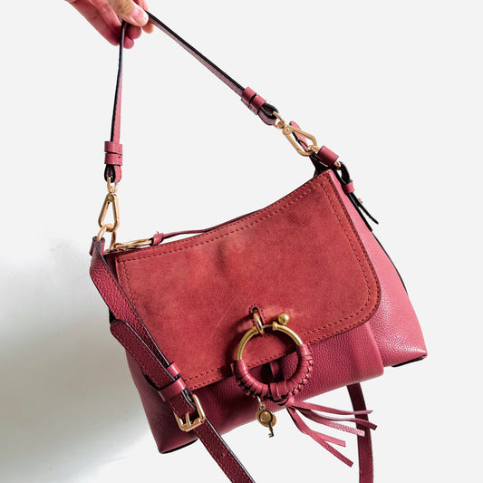 See By Chloe Joan Mauve Rose Pink GHW Small 2-Way Suede & Leather Monogram Logo Shoulder Sling Top Handle Bag