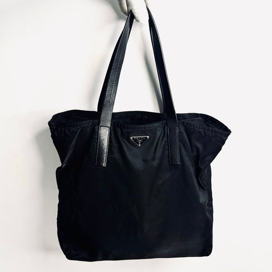 Prada Black Classic Tessuto Monogram Logo Nylon Shoulder Shopper Boston Tote Bag