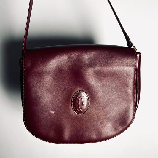 Cartier Must / Mast de Cartier Burgundy Maroon Red GHW Smooth Leather Full Flap Shoulder Sling Bag