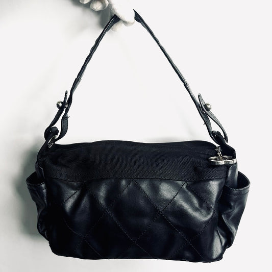 Chanel Black Paris Biarritz Giant CC Monogram Logo Charm Wild Stitch Hobo Baguette Shoulder Sling Bag 11s