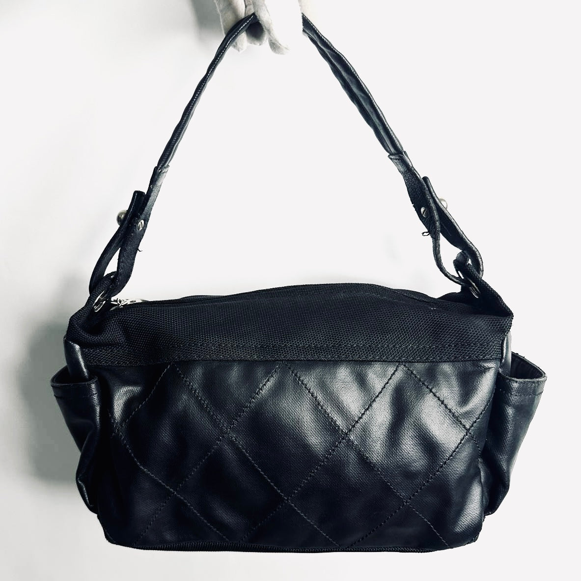 Chanel Black Paris Biarritz Giant CC Monogram Logo Charm Wild Stitch Hobo Baguette Shoulder Sling Bag 11s