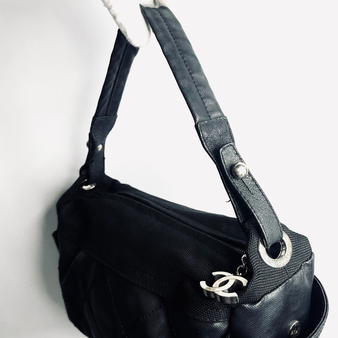 Chanel Black Paris Biarritz Giant CC Monogram Logo Charm Wild Stitch Hobo Baguette Shoulder Sling Bag 11s