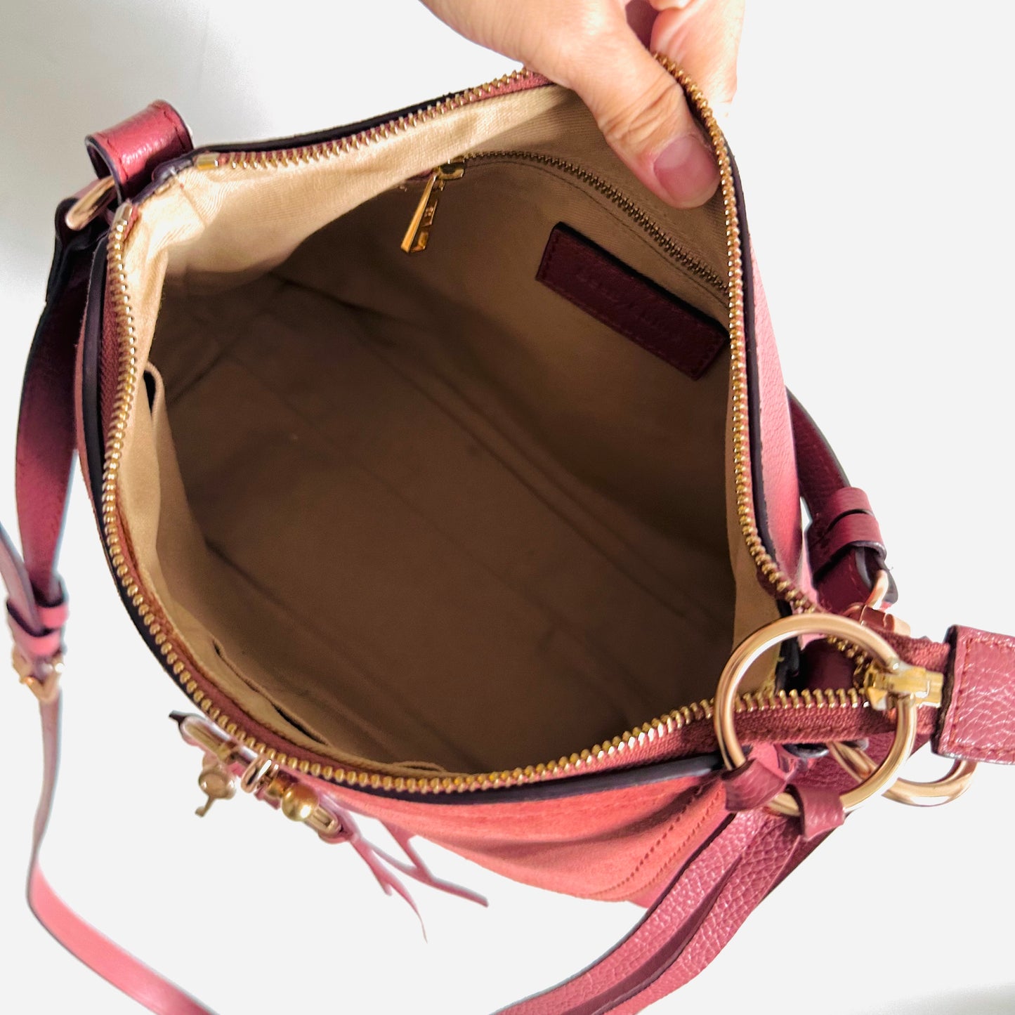 See By Chloe Joan Mauve Rose Pink GHW Small 2-Way Suede & Leather Monogram Logo Shoulder Sling Top Handle Bag