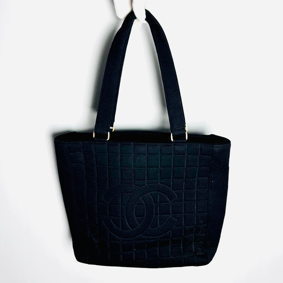 Chanel Black GHW Giant CC Monogram Logo Chocolate Bar Quilted Jersey Fabric Vintage Shopper Shoulder Tote Bag 7s