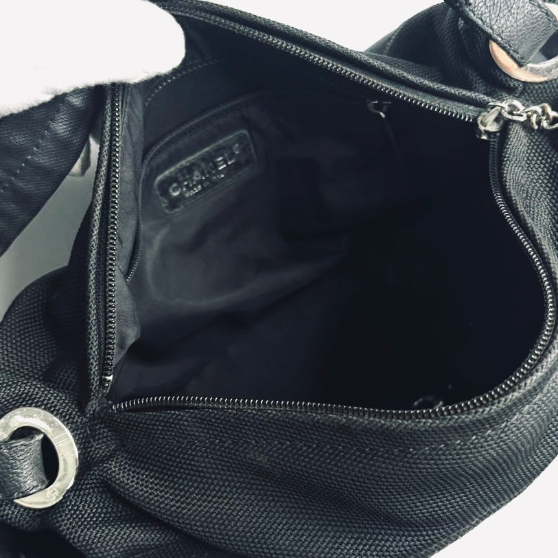 Chanel Black Paris Biarritz Giant CC Monogram Logo Charm Wild Stitch Hobo Baguette Shoulder Sling Bag 11s