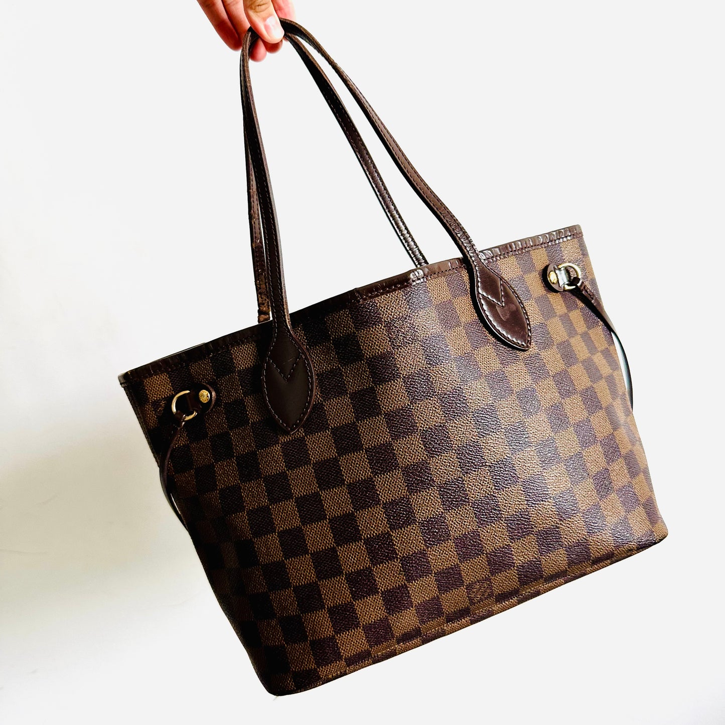 Louis Vuitton LV Damier Ebene DE Monogram Logo GHW Neverfull PM Shoulder Shopper Tote Bag