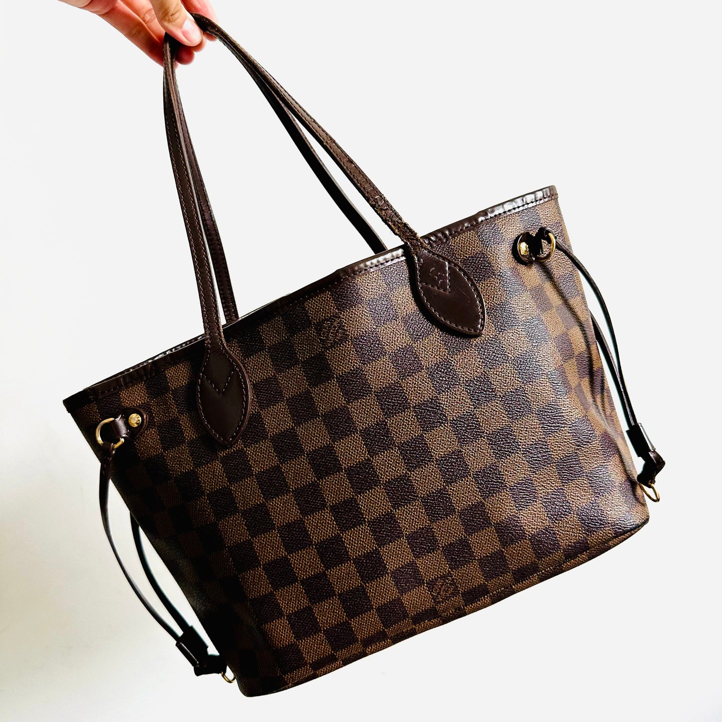 Louis Vuitton LV Damier Ebene DE Monogram Logo GHW Neverfull PM Shoulder Shopper Tote Bag