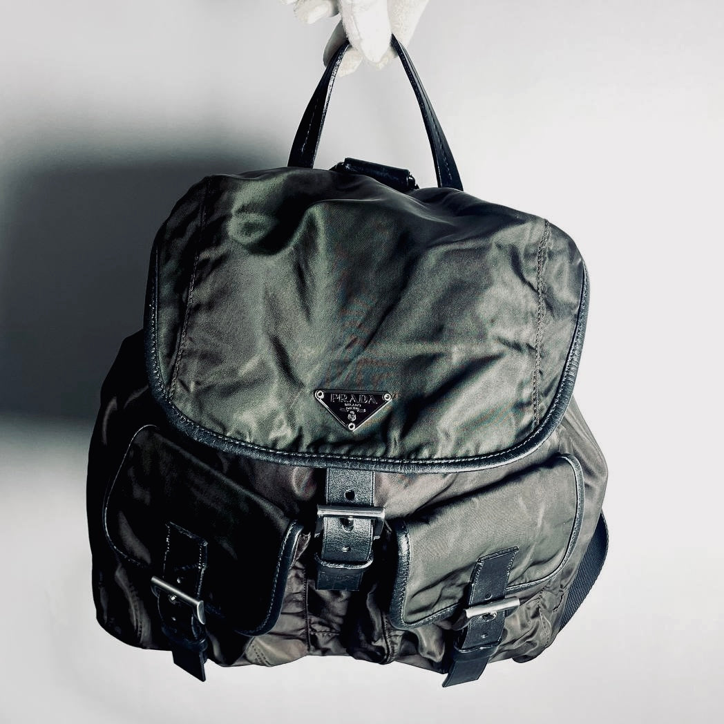 Prada Khaki Brown Tessuto Classic Logo Nylon & Leather Backpack Flap Drawstring Bag