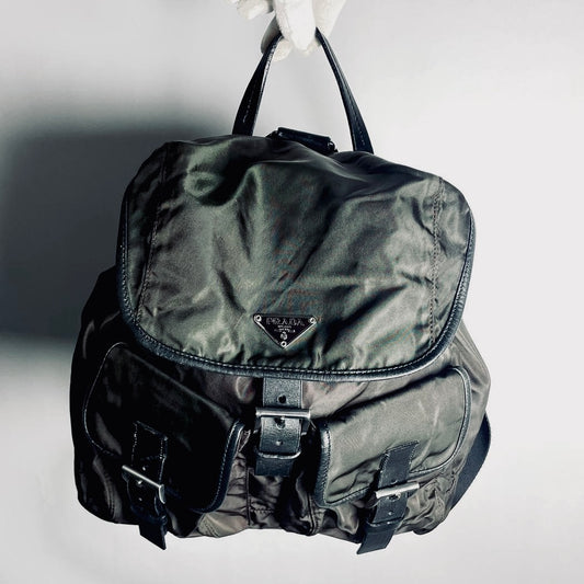Prada Khaki Brown Tessuto Classic Logo Nylon & Leather Backpack Flap Drawstring Bag