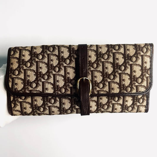 Christian Dior CD Dark Brown Oblique Monogram Logo Vintage Flap Trifold Clutch Case Pouch