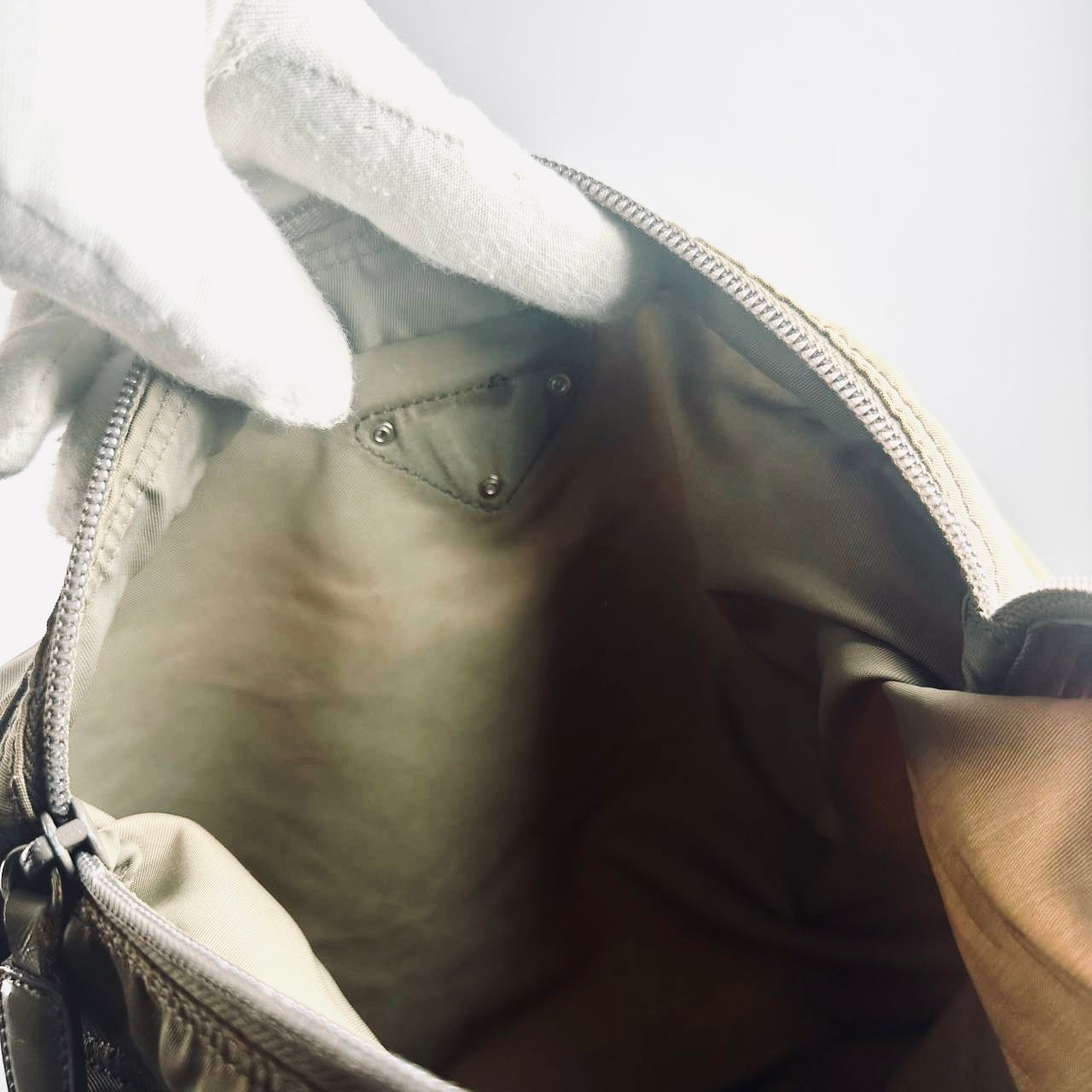 Prada Khaki Beige Monogram Logo Tessuto Nylon & Leather Shoulder Sling Bag